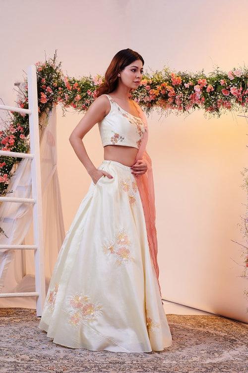 Elegant Lemon Dupion Silk Lehenga with Patch and Shell Work