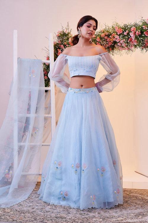 Mughal-Inspired Sky Blue Pure Organza Lehenga