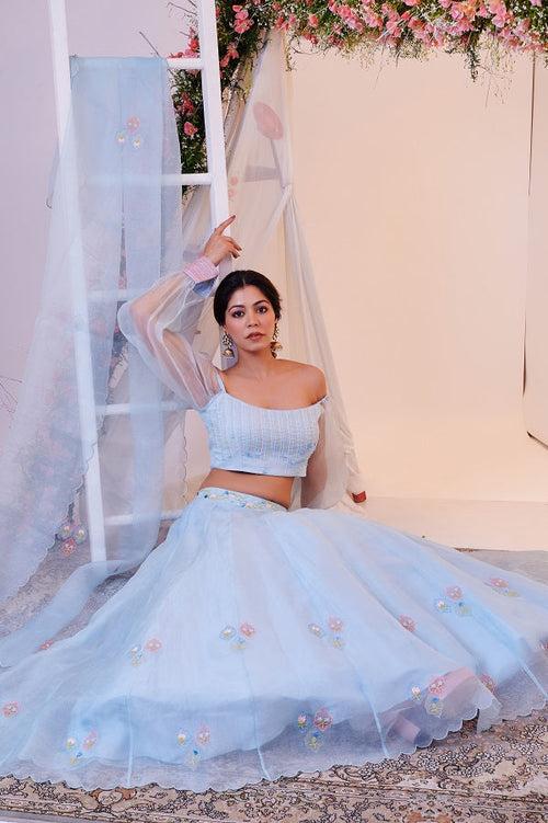 Mughal-Inspired Sky Blue Pure Organza Lehenga