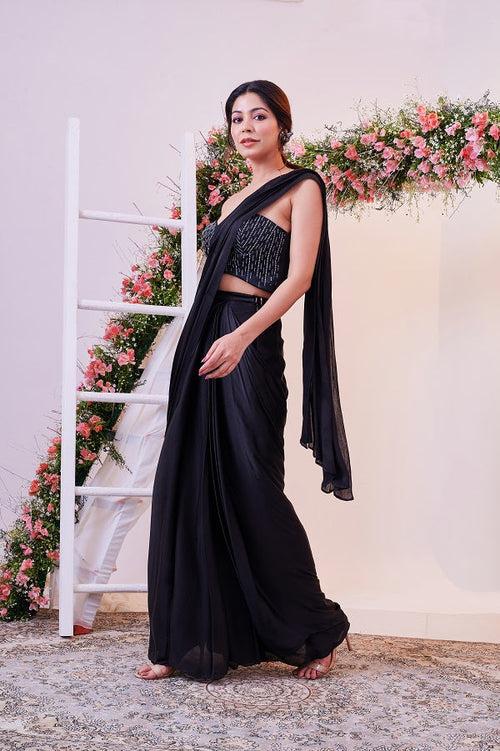 Gorgeous Embroidered Bandeau Blouse with Black Drape Saree