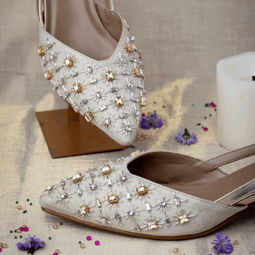 Kanakam Mules - Gold and Silver Stone Studded Ladies Sandals