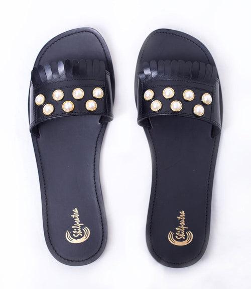 Akoya Black Sliders for Ladies - Stylish Comfort with White Pearls