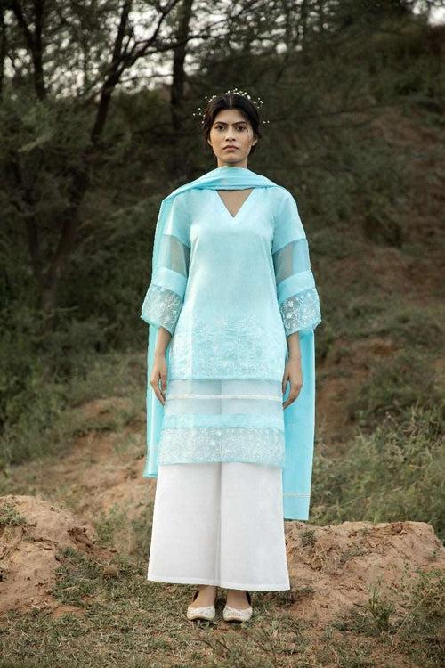 Blue Oxalis Kurti - Aqua Blue Traditionalist Set