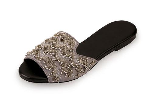 Dazzle Peep Toe Sliders - Starry Sequins on Plush Grey Base