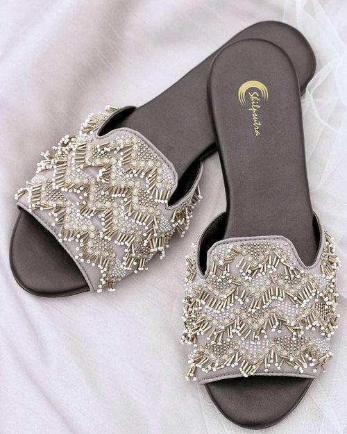 Dazzle Peep Toe Sliders - Starry Sequins on Plush Grey Base