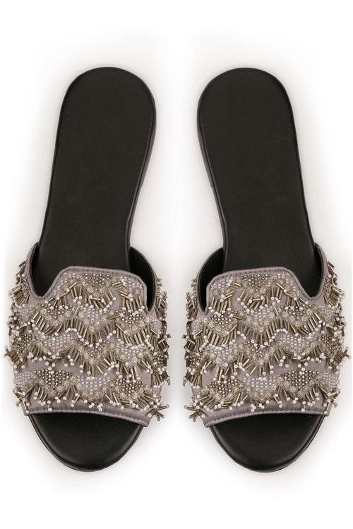 Dazzle Peep Toe Sliders - Starry Sequins on Plush Grey Base