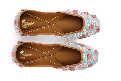 Forever Buds Jutti - Elegantly Crafted with Anchor Flowers - Pearl Beads - and Resham Embroidery on a Blue Base