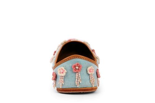 Forever Buds Jutti - Elegantly Crafted with Anchor Flowers - Pearl Beads - and Resham Embroidery on a Blue Base