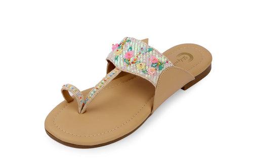 Timeless Florals Kolhapuri - Tan Sole with Fine Crystals
