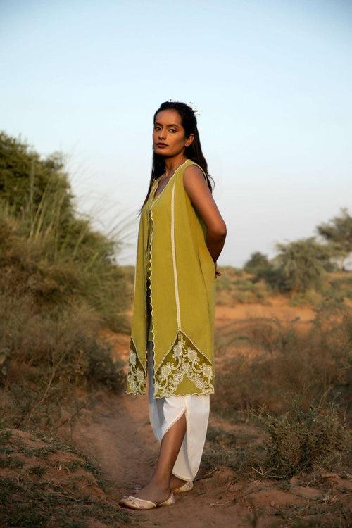 Velvet Leaves Kurti - Olive Green Contemporary Elegance