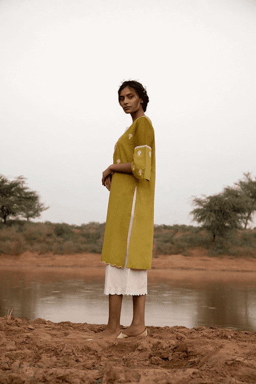 Stunning Stella Kurti in Ivory and Leaf Green