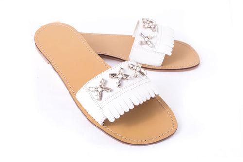 Patio White Sliders - Stylish Leather Sole with Fringe Detail