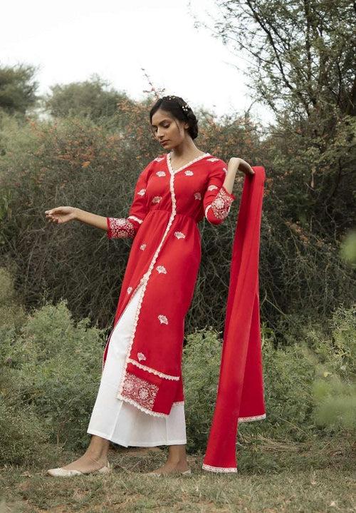 Red Carnation Kurti - Merry Red Festive Elegance