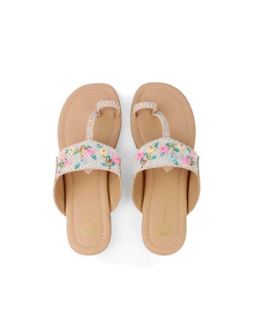 Timeless Florals Kolhapuri - Tan Sole with Fine Crystals