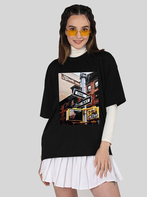 Women Oversized Round Neck Drop Shoulder Printed Cotton T-Shirt