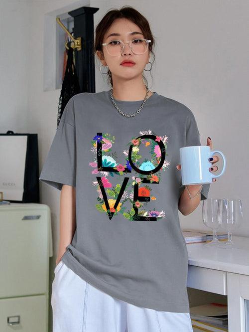 Women Oversized Round Neck Drop Shoulder Printed Cotton T-Shirt