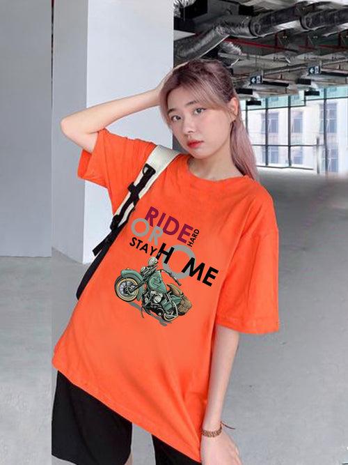 Women Oversized Round Neck Drop Shoulder Printed Cotton T-Shirt