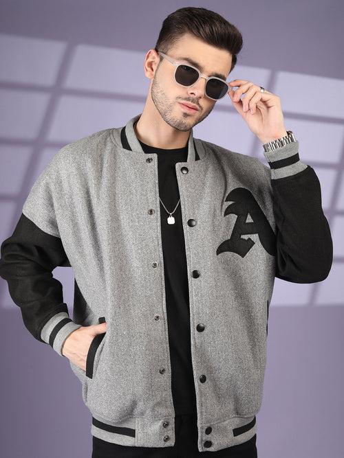 Men Oversized Winter Wear Varsity Jacket with Ribbed Cuffs