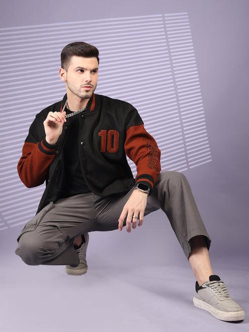 Men Oversized Winter Wear Varsity Jacket with Ribbed Cuffs