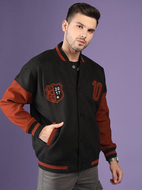 Men Oversized Winter Wear Varsity Jacket with Ribbed Cuffs