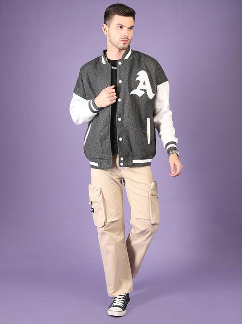 Men Oversized Winter Wear Varsity Jacket with Ribbed Cuffs