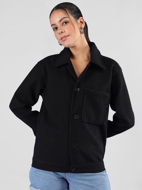 Women Black Winter Wear Shacket | CHKOKKO