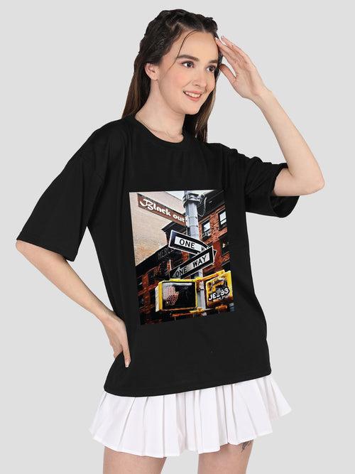 Women Oversized Round Neck Drop Shoulder Printed Cotton T-Shirt