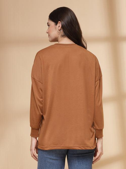 Women Golden Brown Oversized Full Sleeve Round Neck Tshirt