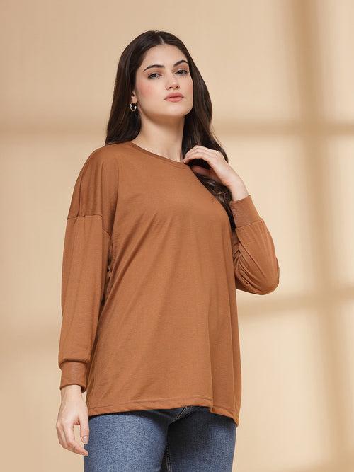 Women Golden Brown Oversized Full Sleeve Round Neck Tshirt