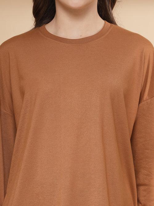 Women Golden Brown Oversized Full Sleeve Round Neck Tshirt