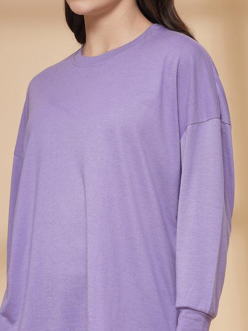 Women Purple Oversized Full Sleeve Round Neck Tshirt