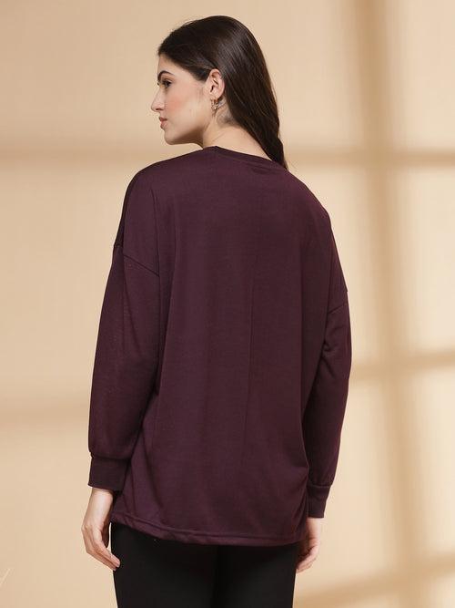 Women Violet Oversized Full Sleeve Round Neck Tshirt