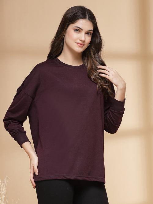 Women Violet Oversized Full Sleeve Round Neck Tshirt