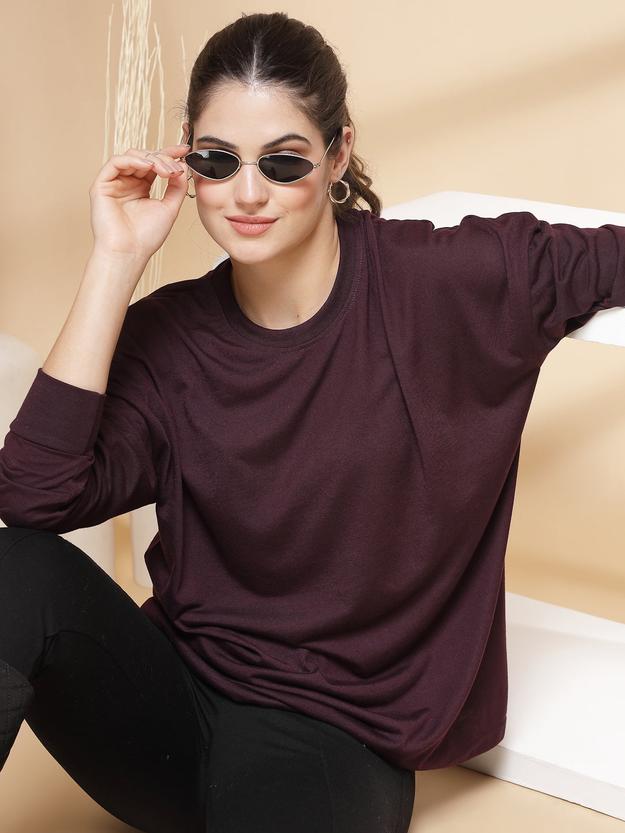 Women Violet Oversized Full Sleeve Round Neck Tshirt