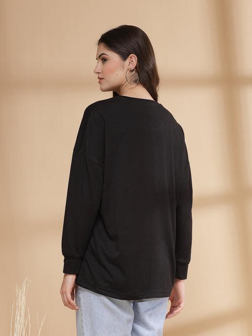 Women Black Oversized Full Sleeve Round Neck Tshirt