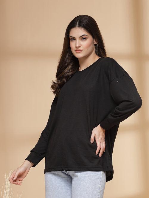 Women Black Oversized Full Sleeve Round Neck Tshirt