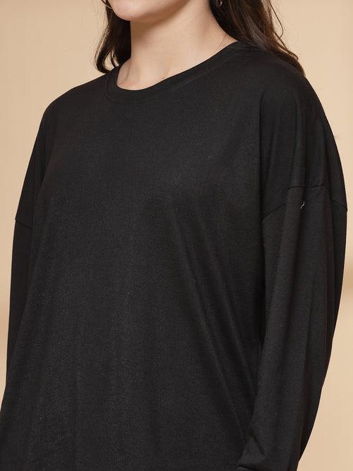 Women Black Oversized Full Sleeve Round Neck Tshirt