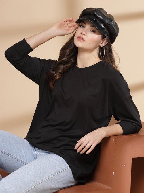 Women Black Oversized Full Sleeve Round Neck Tshirt