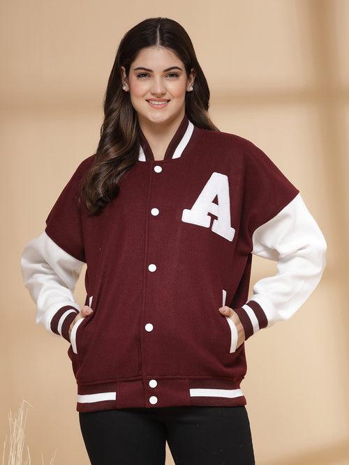 Women Oversized Winter Wear Varsity Jacket with Ribbed Cuffs