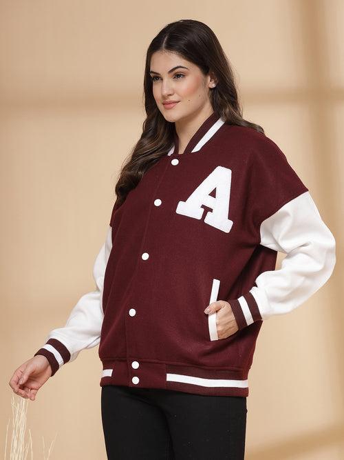 Women Oversized Winter Wear Varsity Jacket with Ribbed Cuffs