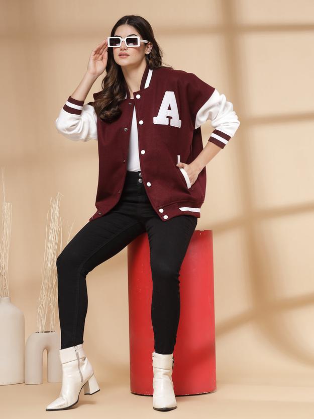 Women Oversized Winter Wear Varsity Jacket with Ribbed Cuffs