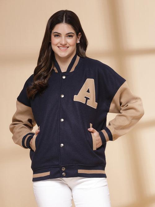 Women Oversized Winter Wear Varsity Jacket with Ribbed Cuffs