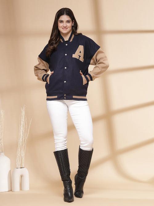 Women Oversized Winter Wear Varsity Jacket with Ribbed Cuffs