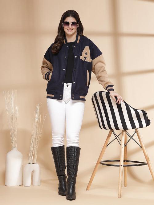 Women Oversized Winter Wear Varsity Jacket with Ribbed Cuffs