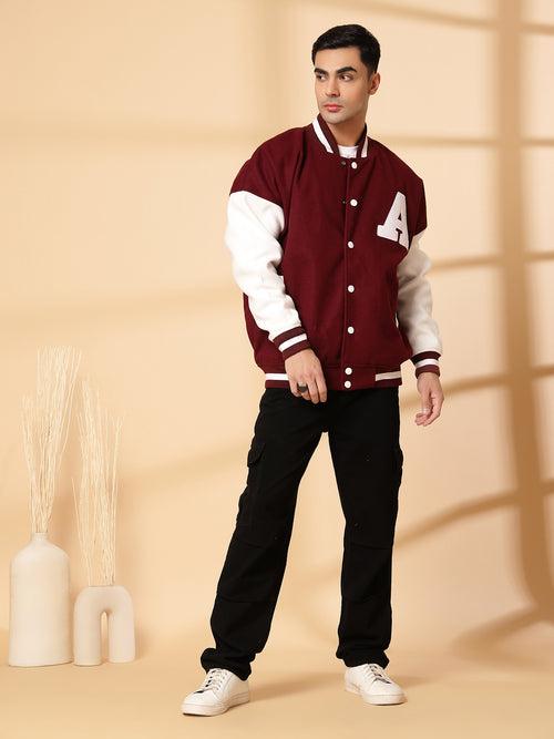 Men Oversized Winter Wear Varsity Jacket with Ribbed Cuffs