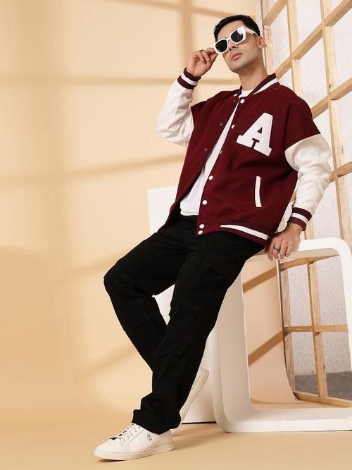 Men Oversized Winter Wear Varsity Jacket with Ribbed Cuffs