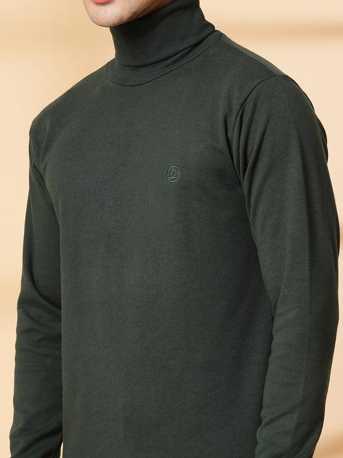 Men Bottle Green Winter Wear Regular Fit Turtle Neck T Shirt | CHKOKKO