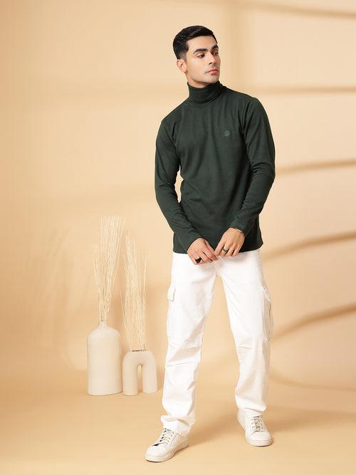 Men Bottle Green Winter Wear Regular Fit Turtle Neck T Shirt | CHKOKKO