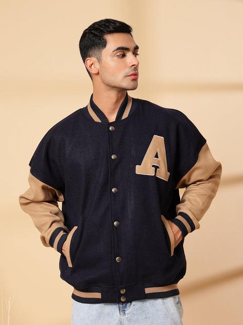 Men Oversized Winter Wear Varsity Jacket with Ribbed Cuffs