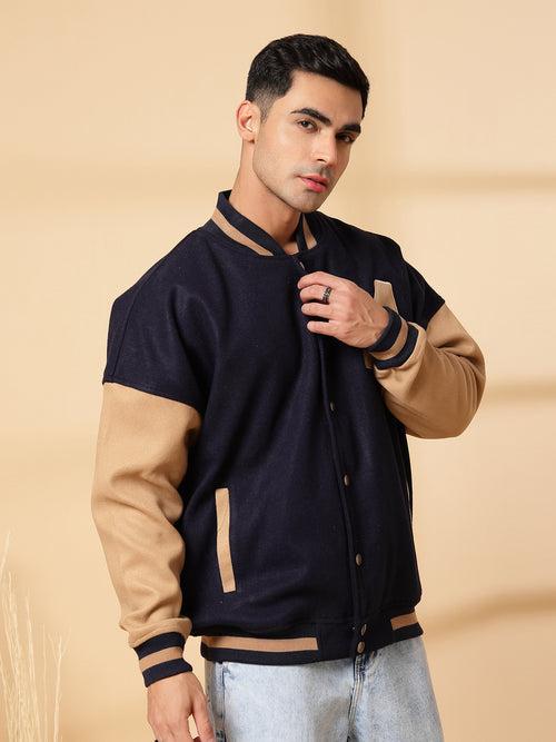 Men Oversized Winter Wear Varsity Jacket with Ribbed Cuffs